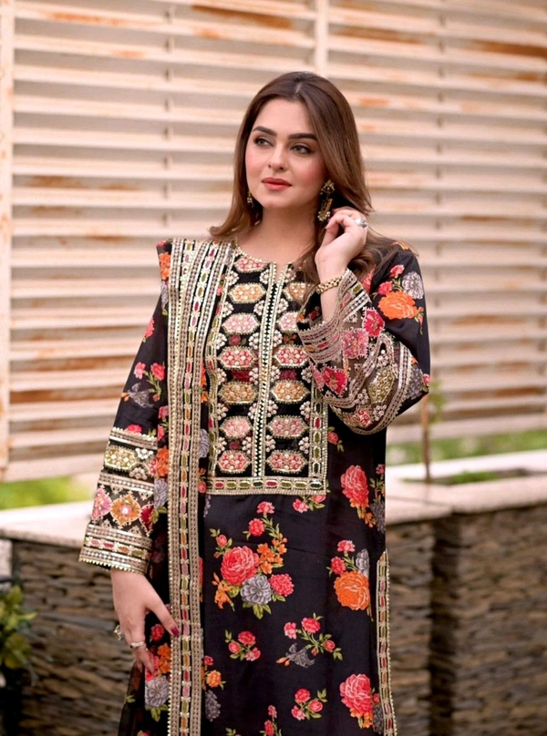 Pure Chinon Silk Heavy Embroidery Pakistani Suit - Black, L