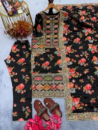 Pure Chinon Silk Heavy Embroidery Pakistani Suit - Black, L