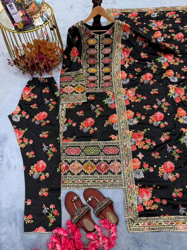Pure Chinon Silk Heavy Embroidery Pakistani Suit - Black, L