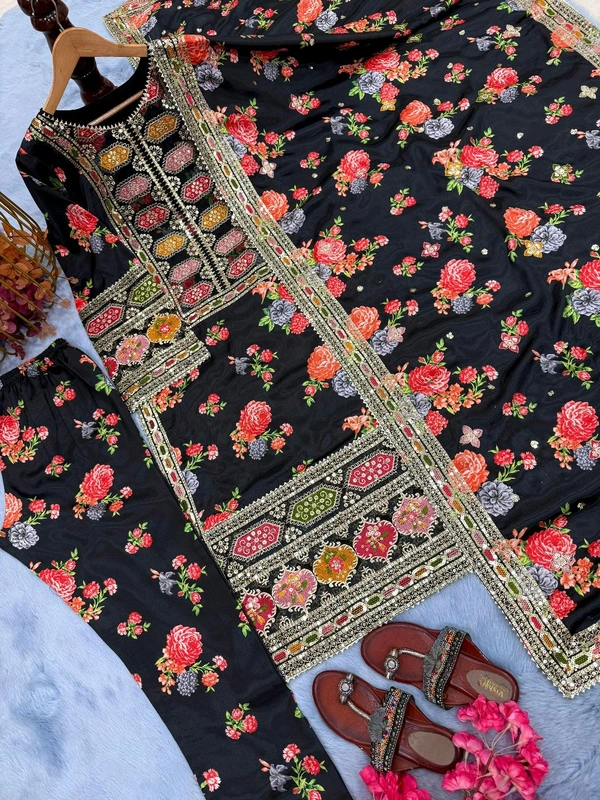 Pure Chinon Silk Heavy Embroidery Pakistani Suit - Black, L