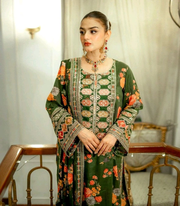 Pure Chinon Silk Heavy Embroidery Pakistani Suit - Green, M