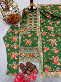 Pure Chinon Silk Heavy Embroidery Pakistani Suit - Green, M