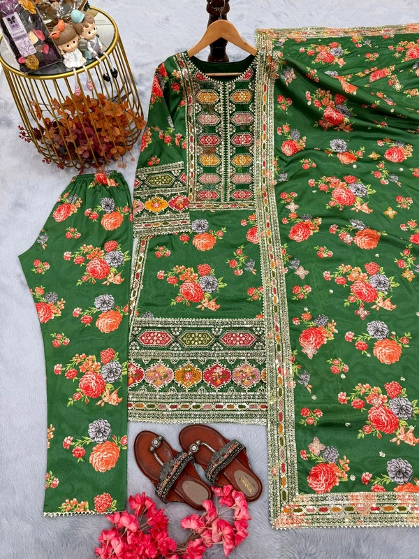 Pure Chinon Silk Heavy Embroidery Pakistani Suit - Green, M
