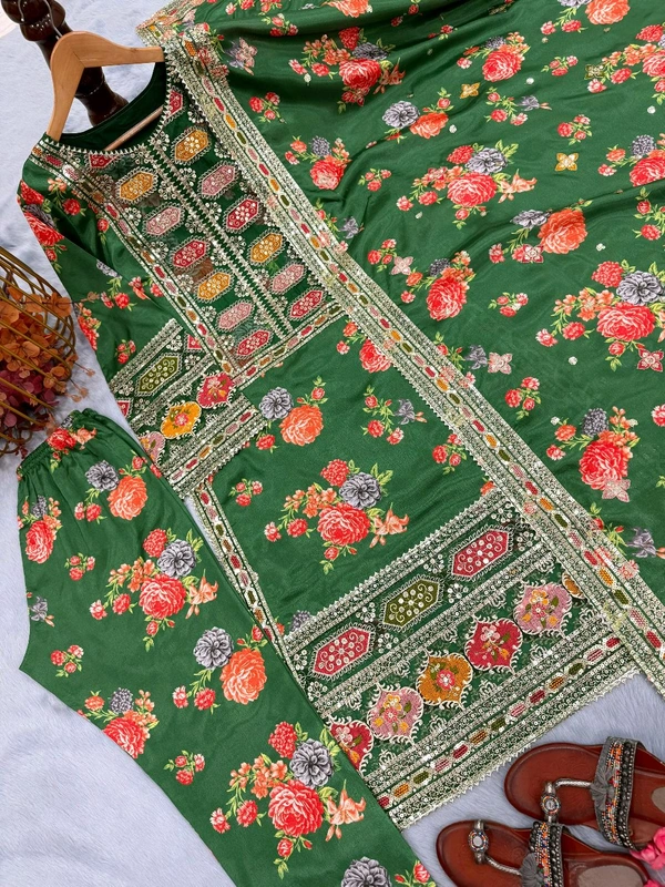 Pure Chinon Silk Heavy Embroidery Pakistani Suit - Green, M