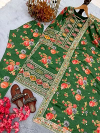 Pure Chinon Silk Heavy Embroidery Pakistani Suit - Green, M
