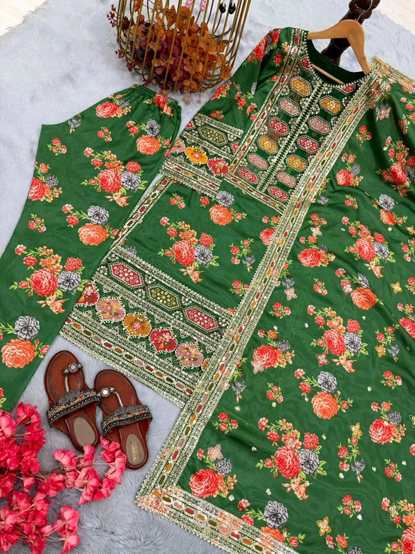 Pure Chinon Silk Heavy Embroidery Pakistani Suit - Green, M
