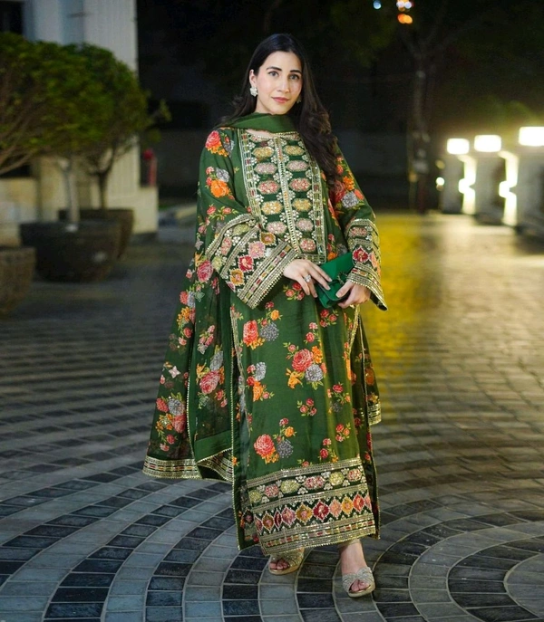 Pure Chinon Silk Heavy Embroidery Pakistani Suit - Green, XL