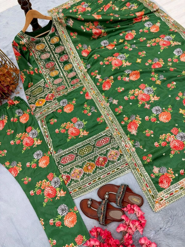 Pure Chinon Silk Heavy Embroidery Pakistani Suit - Green, XL