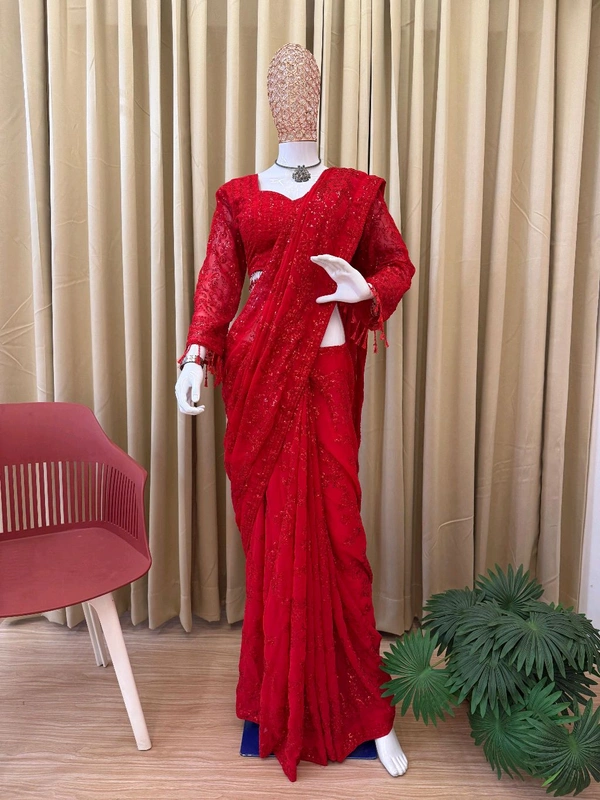 Bridal Wear Heavy Embroidery Sequence Work Saree With Stiched Blouse - Free Size Upto 44inch