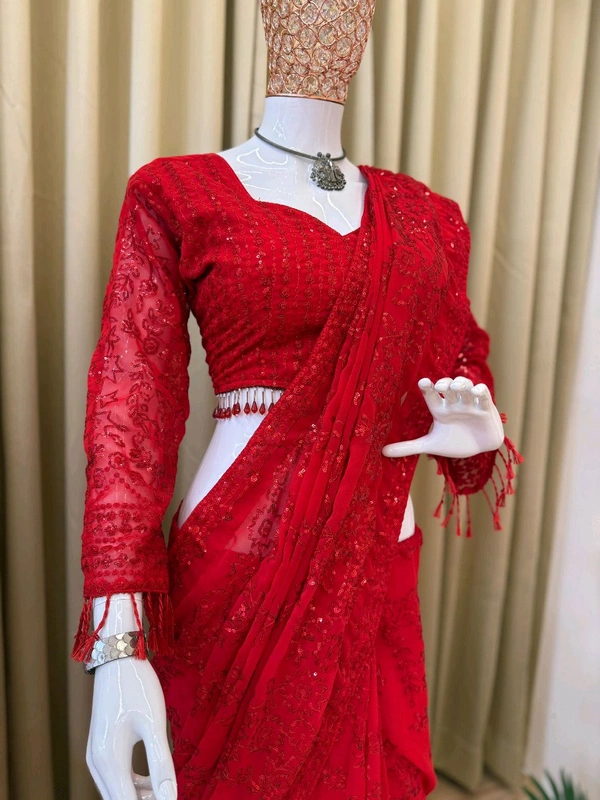 Bridal Wear Heavy Embroidery Sequence Work Saree With Stiched Blouse - Free Size Upto 44inch