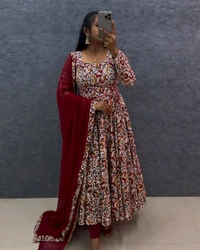 Kalamkari Cotton Gown With Dupatta - Bright Red, S