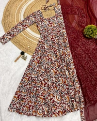 Kalamkari Cotton Gown With Dupatta - Bright Red, S