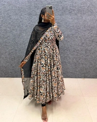 Kalamkari Cotton Gown With Dupatta - Black, S