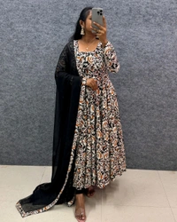 Kalamkari Cotton Gown With Dupatta - Black, S