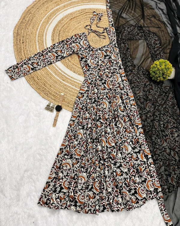 Kalamkari Cotton Gown With Dupatta - Black, L