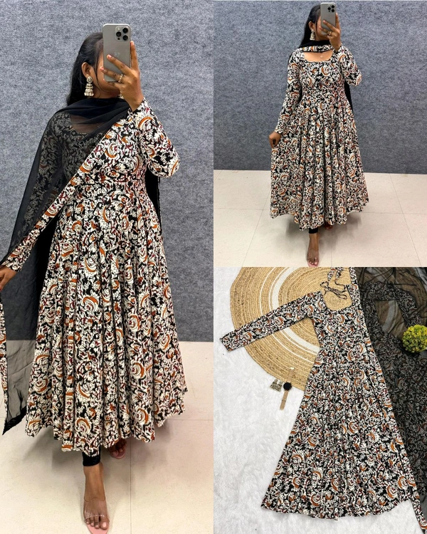 Kalamkari Cotton Gown With Dupatta - Black, 3XL