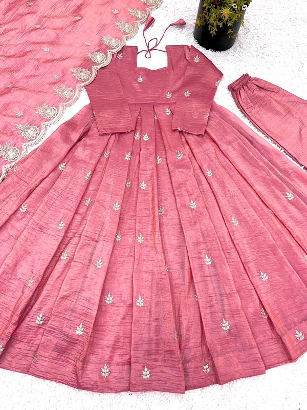 Designer Partywear Anarkali Gown With Pant and Dupatta Set - M