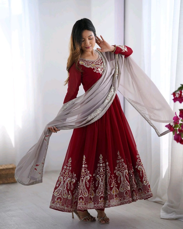 Designer Embroidery Work Anarkali Suit - Bright Red, XL