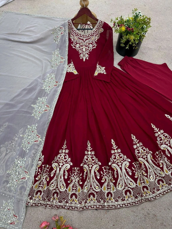 Designer Embroidery Work Anarkali Suit - Bright Red, XXL