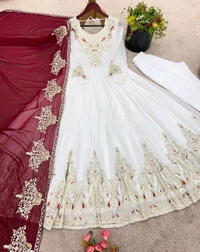 Designer Embroidery Work Anarkali Suit - White, M