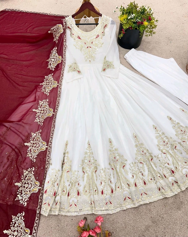 Designer Embroidery Work Anarkali Suit - White, M