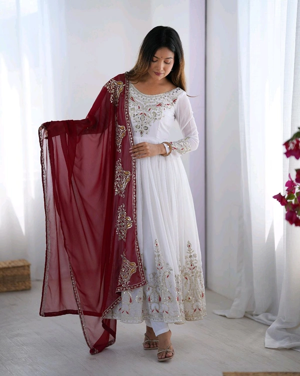 Designer Embroidery Work Anarkali Suit - White, XL