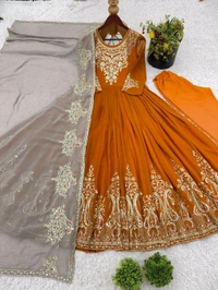 Designer Embroidery Work Anarkali Suit - Tangerine, M
