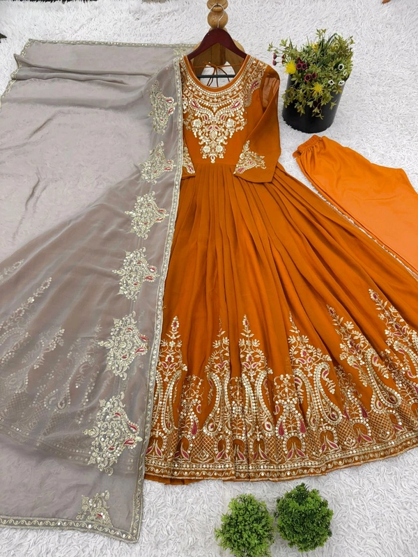 Designer Embroidery Work Anarkali Suit - Tangerine, M