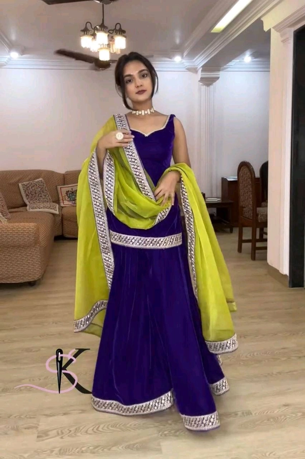 Partywear Sleeveless Velvet Sharara Suit - XXL