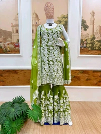 Beautiful Floral Embroidery Work Sharara Suit - M, Green