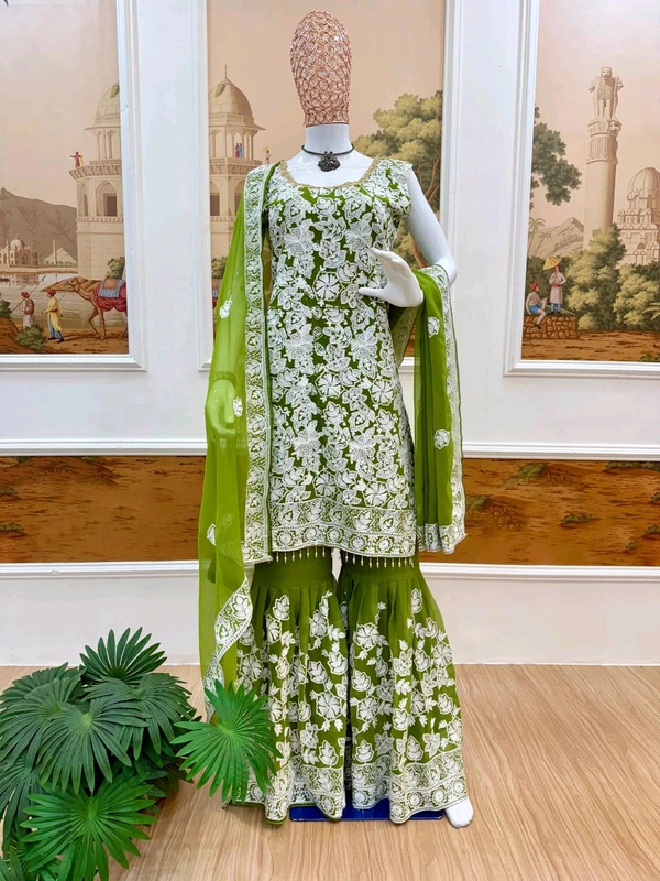 Beautiful Floral Embroidery Work Sharara Suit - M, Green