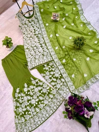 Beautiful Floral Embroidery Work Sharara Suit - M, Green
