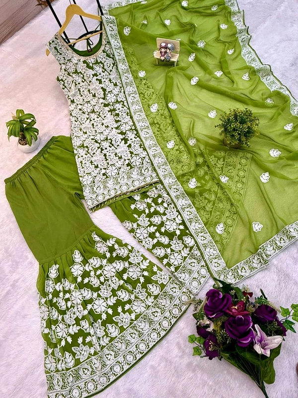 Beautiful Floral Embroidery Work Sharara Suit - M, Green