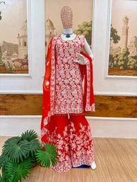 Beautiful Floral Embroidery Work Sharara Suit - M, Orange