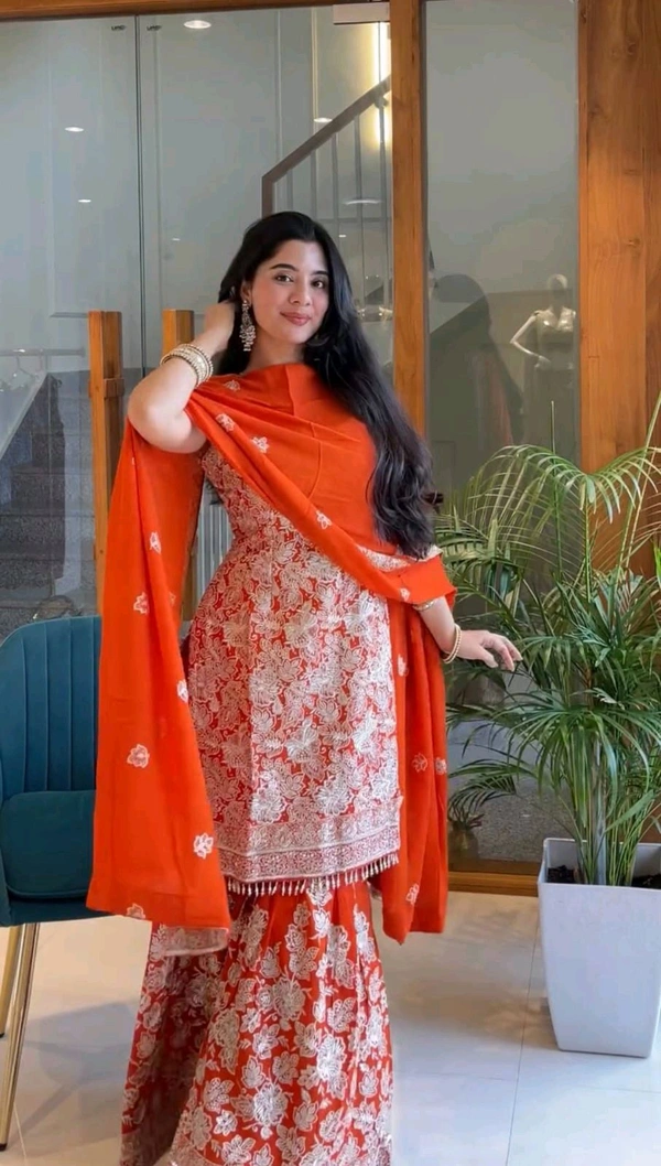 Beautiful Floral Embroidery Work Sharara Suit - L, Orange