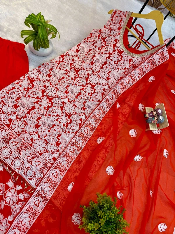 Beautiful Floral Embroidery Work Sharara Suit - XL, Orange
