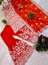 Beautiful Floral Embroidery Work Sharara Suit - XXL, Orange