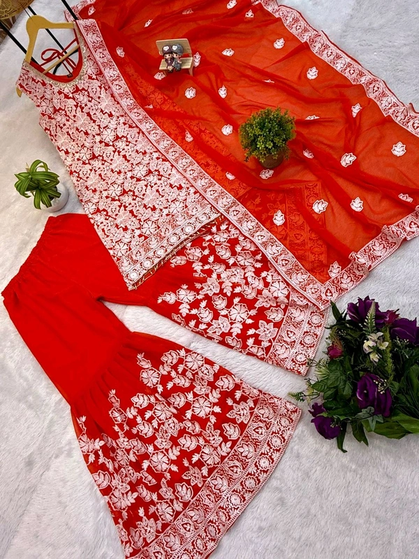 Beautiful Floral Embroidery Work Sharara Suit - XXL, Orange
