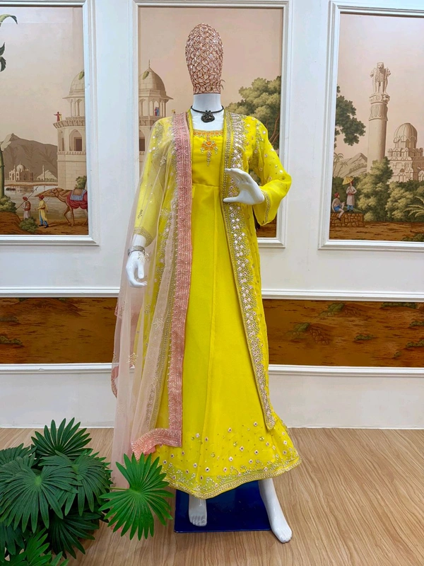 Trendy Gown With Koti and Dupatta Set - Yellow, XL