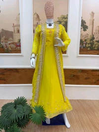 Trendy Gown With Koti and Dupatta Set - Yellow, XL