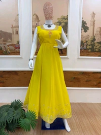 Trendy Gown With Koti and Dupatta Set - Yellow, XL