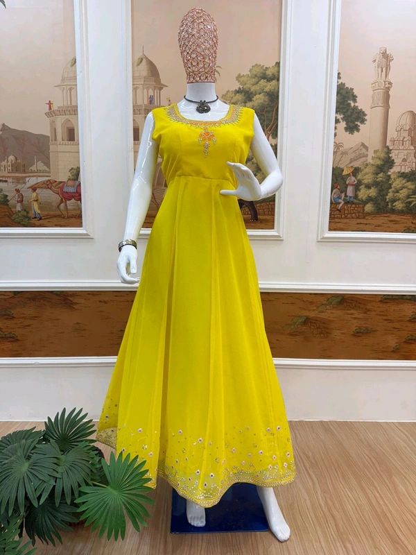 Trendy Gown With Koti and Dupatta Set - Yellow, XL
