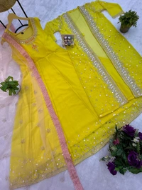 Trendy Gown With Koti and Dupatta Set - Yellow, XL