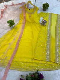 Trendy Gown With Koti and Dupatta Set - Yellow, XL