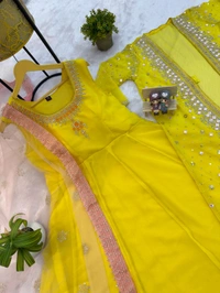 Trendy Gown With Koti and Dupatta Set - Yellow, XL