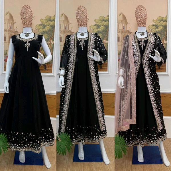 Trendy Gown With Koti and Dupatta Set - Black, M