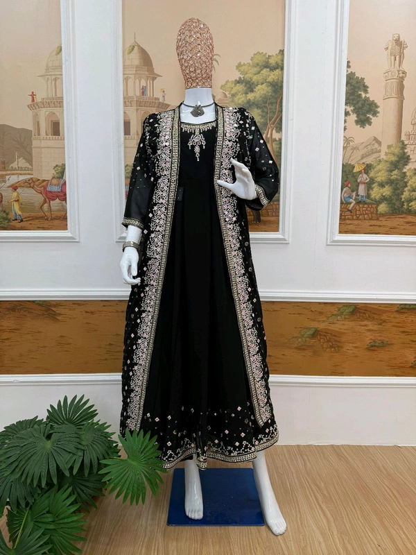 Trendy Gown With Koti and Dupatta Set - Black, M