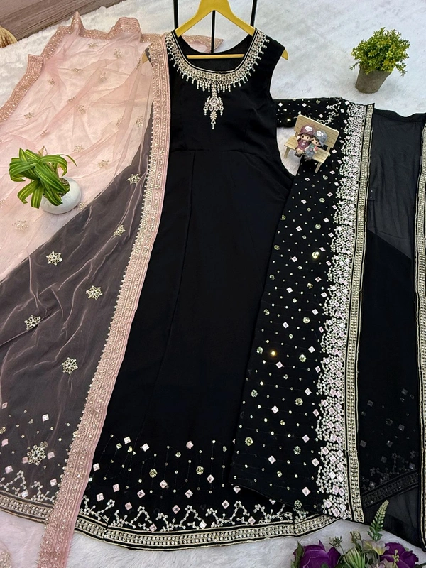 Trendy Gown With Koti and Dupatta Set - Black, M