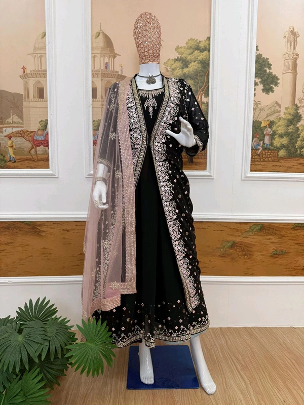 Trendy Gown With Koti and Dupatta Set - Black, L
