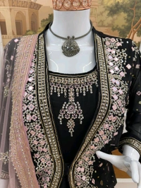 Trendy Gown With Koti and Dupatta Set - Black, L